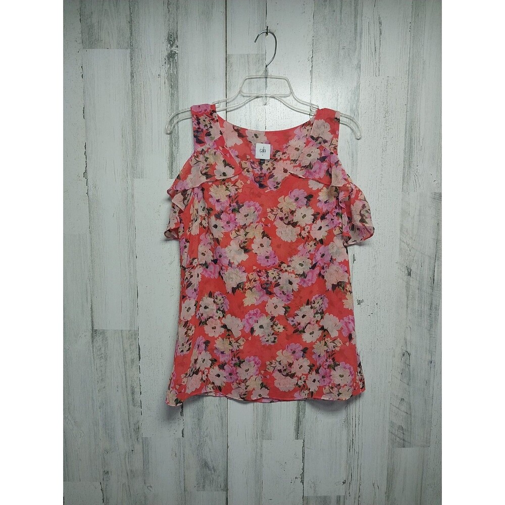 CAbi Lush Floral Cold Shoulder Blouse Top Womens Size S Style #5352  Red Ruffle
